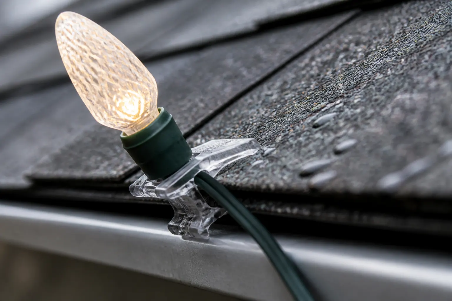 Close-up of a C9 bulb held by a plastic clip gripping the shingle edge — no nails, staples or holes