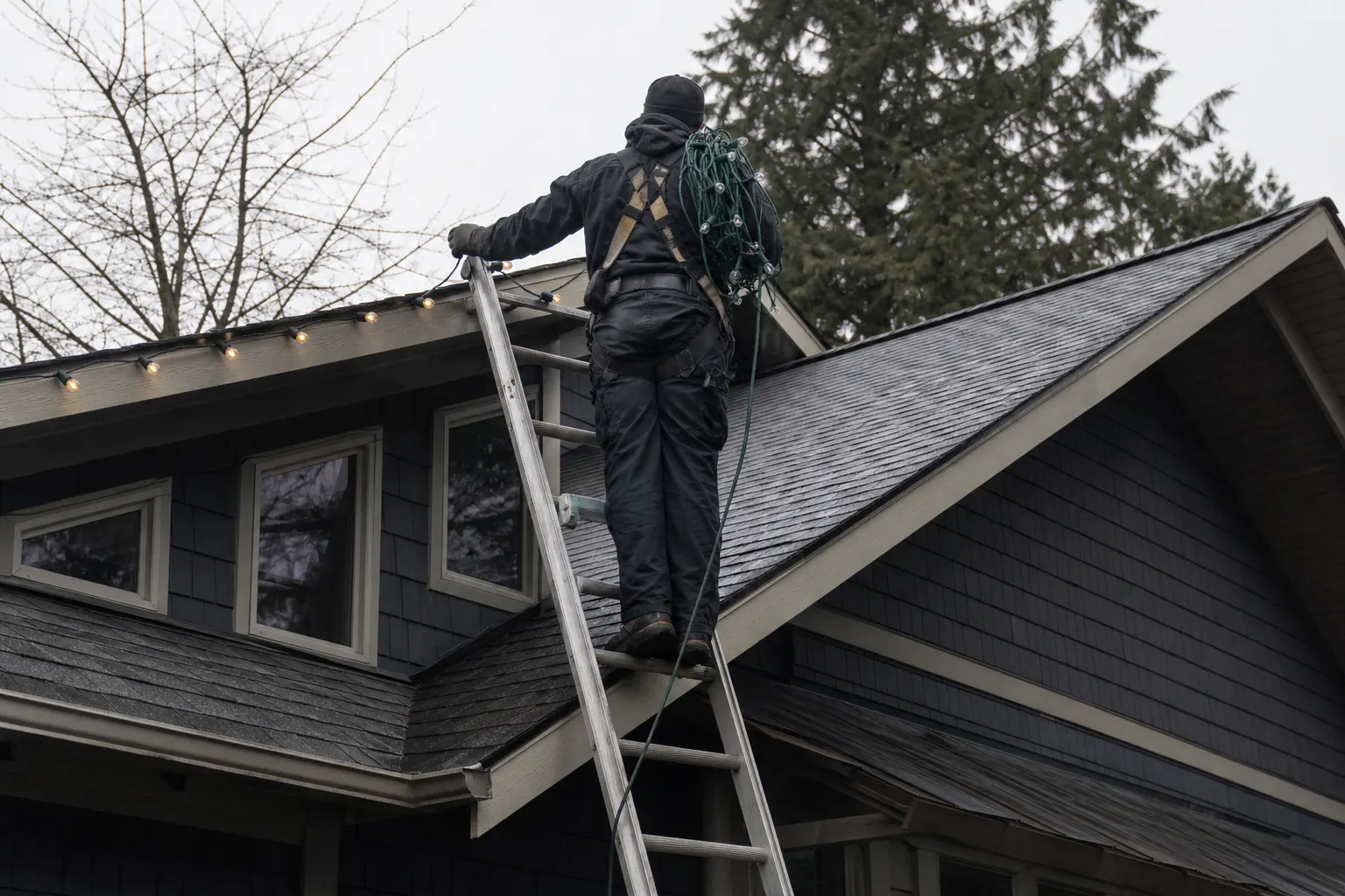 An installer in a safety harness on a correctly footed ladder, clipping a strand of C9 lights along the eave of a steep two-storey roof in daylight