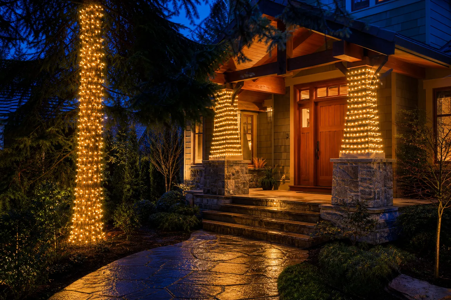Porch columns and a mature conifer wrapped in tight, evenly spaced warm-white lights