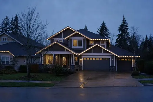A suburban house at dusk with warm white Christmas lights installed along the rooflines and eaves