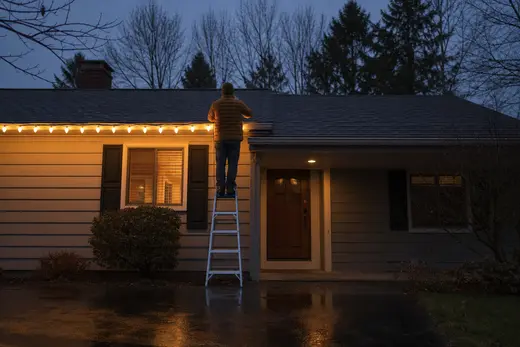 A homeowner on a step ladder at dusk clipping warm-white lights along the gutter of a single-storey home, half the roofline lit and half still bare