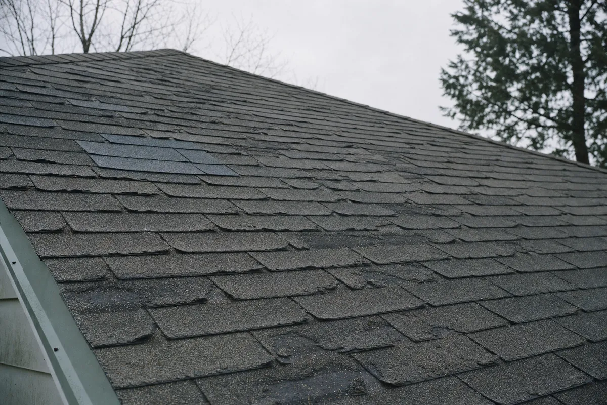 An aging asphalt shingle roof showing curling edges and patches of lost granules